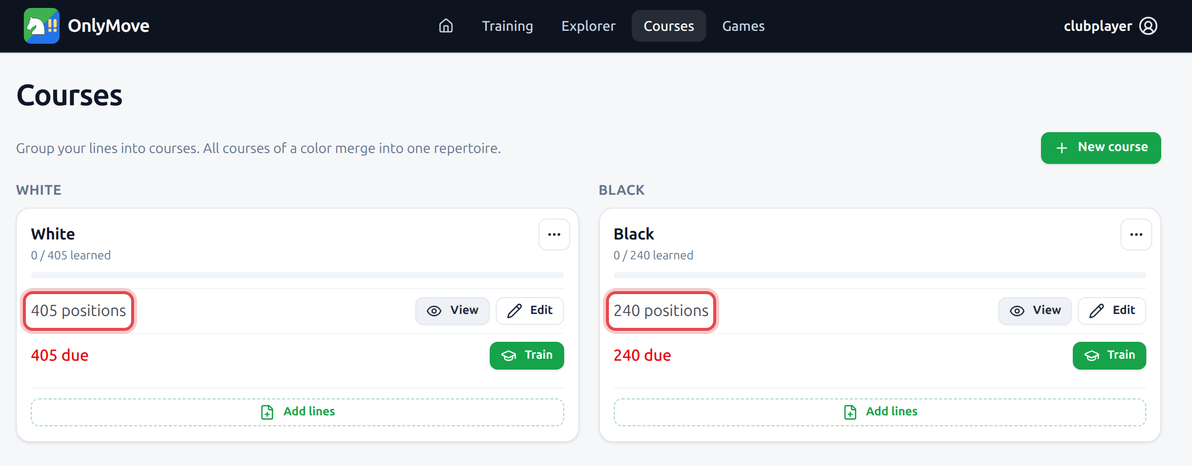 The Courses page after both imports: the White course shows 405 positions and 405 due, the Black course 240 positions and 240 due, with both position counts outlined in red.