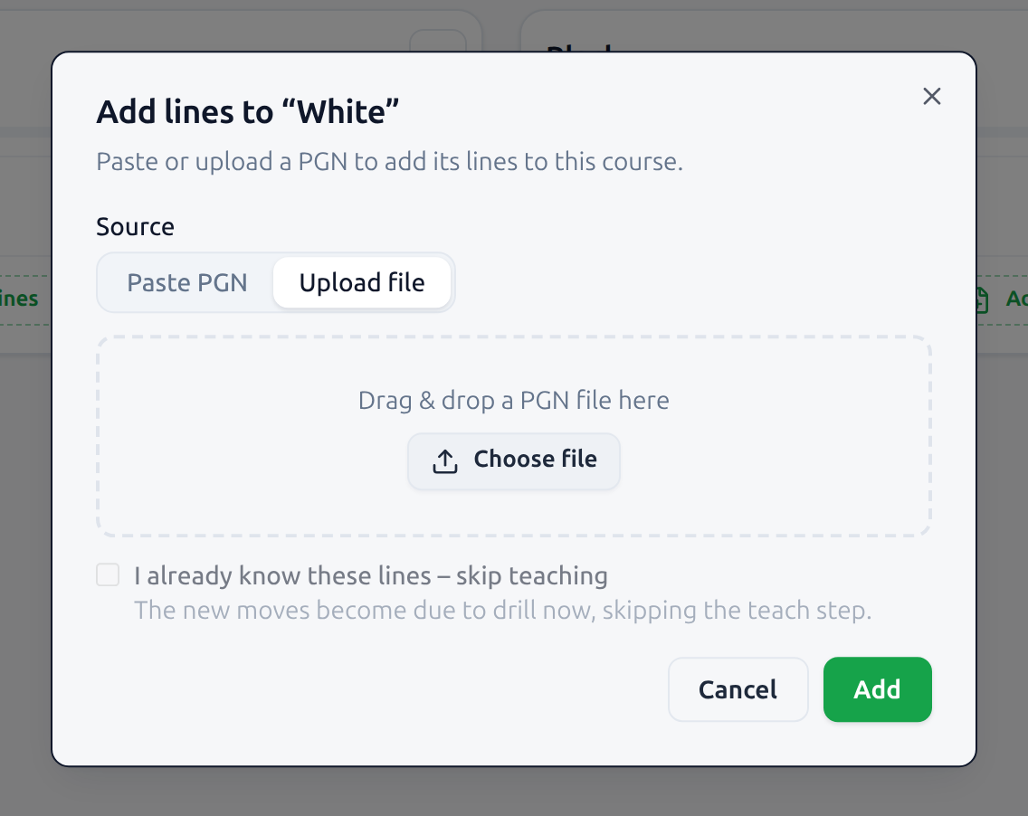 The same dialog with the Upload file source selected, showing a dropzone reading "Drag & drop a PGN file here" above a "Choose file" button.