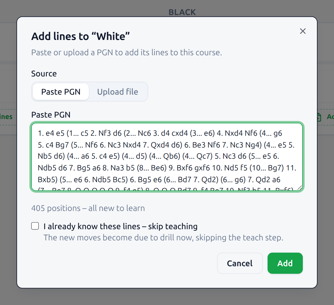 The "Add lines to White" dialog with the Paste PGN source selected: a textarea holding a long variation PGN starting 1. e4 e5, summarized below as "405 positions – all new to learn".