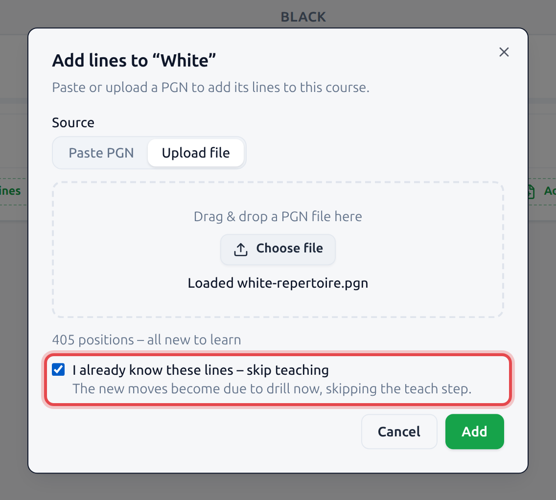 The Add lines dialog after a PGN file was dropped on it: the dropzone reads "Loaded white-repertoire.pgn", the summary reads "405 positions – all new to learn", and the ticked checkbox "I already know these lines – skip teaching" is outlined in red.