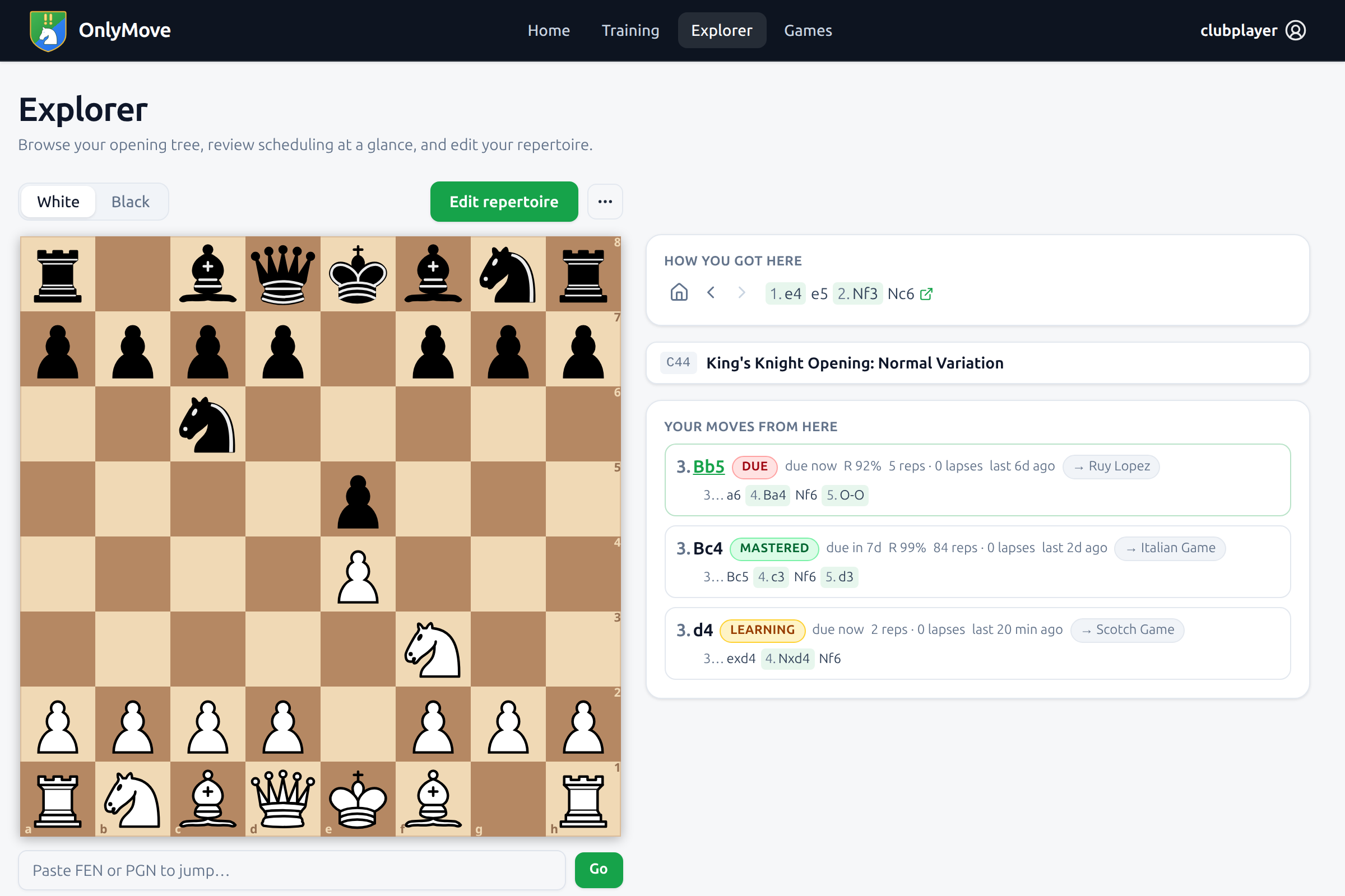 OnlyMove repertoire explorer – a chess opening tree showing the FSRS status of each move